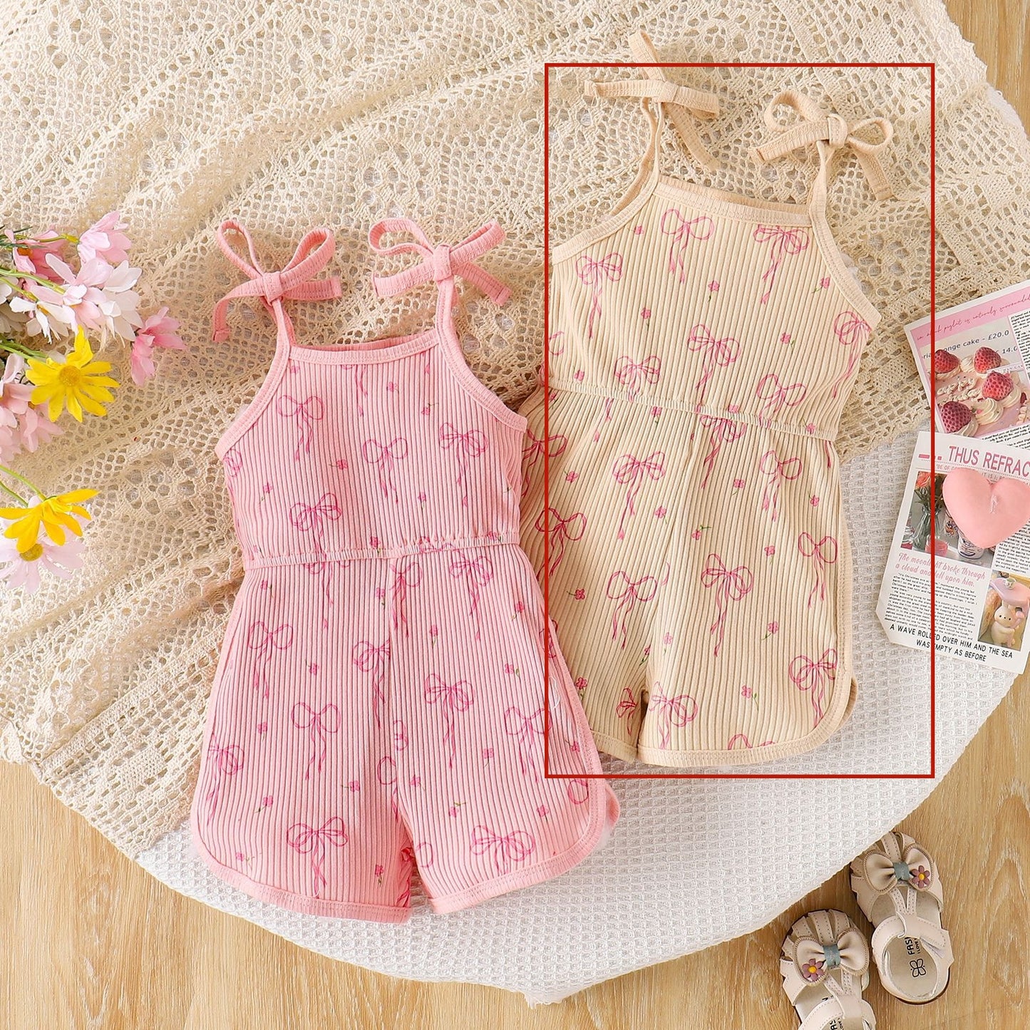 Girls Bow-Knot Pattern Suspender Jumpsuit Shorts