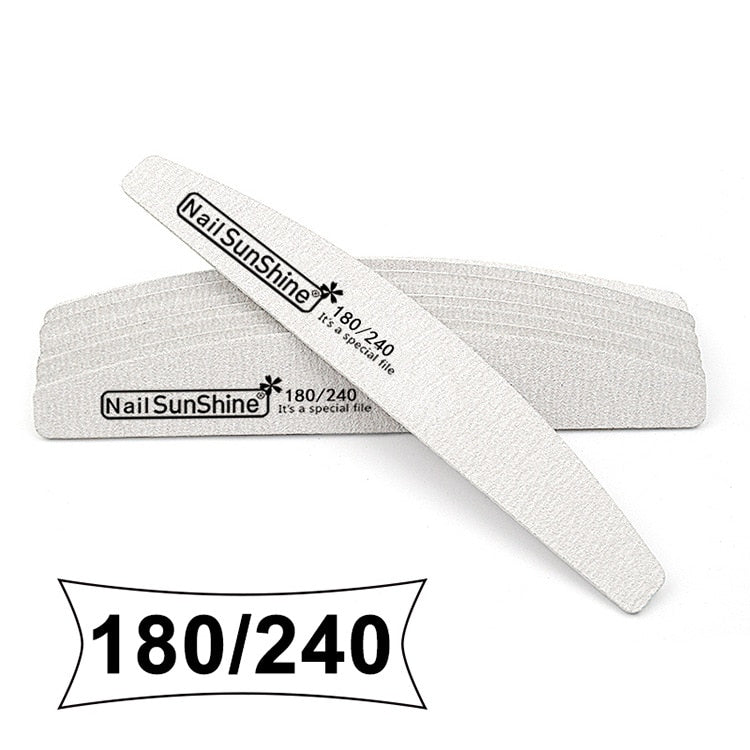 10 Stück Holzschleifpapier Halbmond-Nagelfeile 180/240 Professionelle Schmirgelbrett-Maniküre-Puffer Graues Boot Doppelseitige Holzpuffer