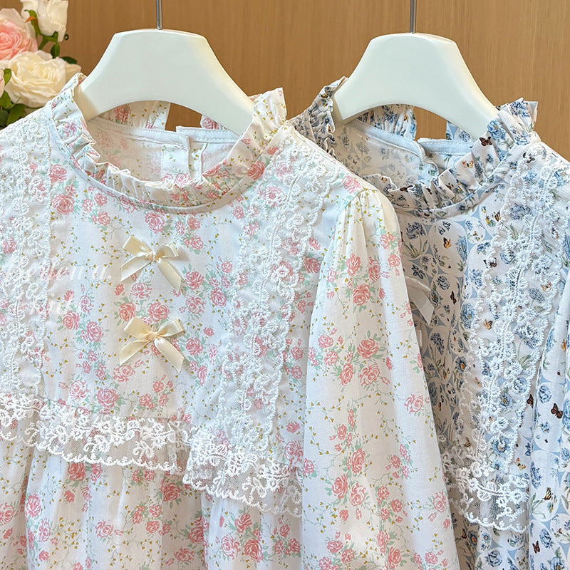 Spring New Arrival Sweet French-Style Lace Long-Sleeve Cotton Top For Babies