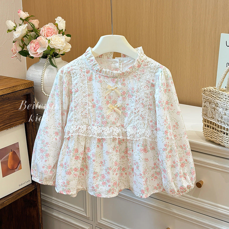 Spring New Arrival Sweet French-Style Lace Long-Sleeve Cotton Top For Babies