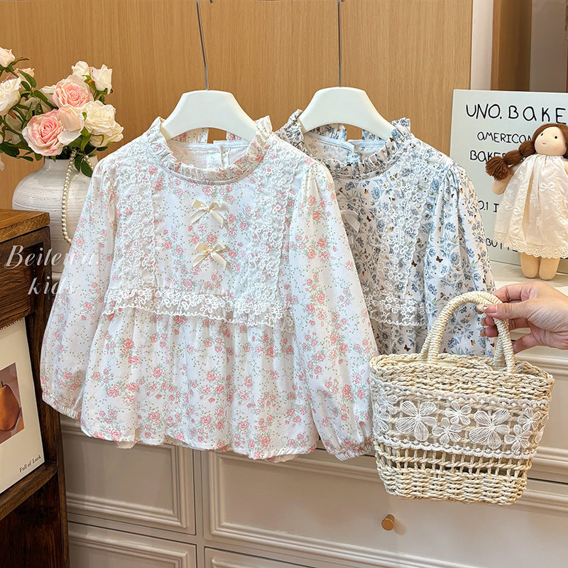 Spring New Arrival Sweet French-Style Lace Long-Sleeve Cotton Top For Babies
