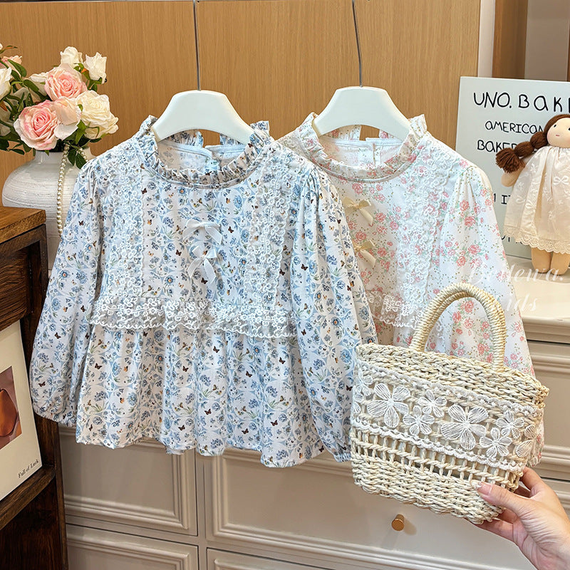 Spring New Arrival Sweet French-Style Lace Long-Sleeve Cotton Top For Babies