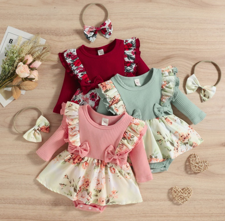 Girls Long Sleeve Pit Strip Double Layer Flying Sleeve Ha Jumpsuit