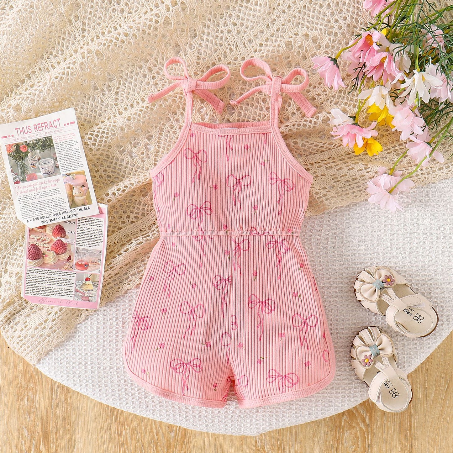 Girls Bow-Knot Pattern Suspender Jumpsuit Shorts