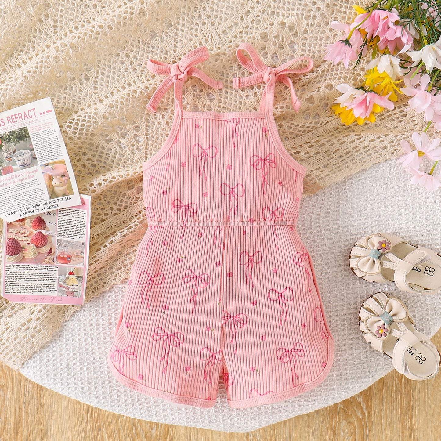 Girls Bow-Knot Pattern Suspender Jumpsuit Shorts