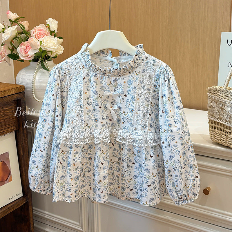 Spring New Arrival Sweet French-Style Lace Long-Sleeve Cotton Top For Babies