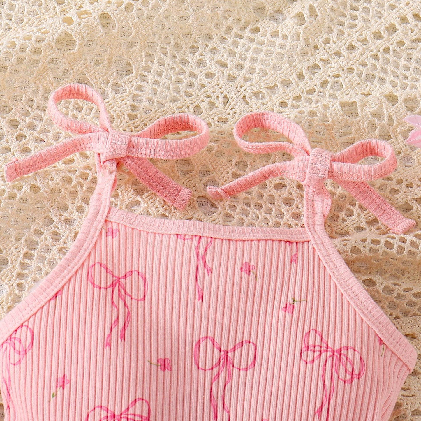 Girls Bow-Knot Pattern Suspender Jumpsuit Shorts