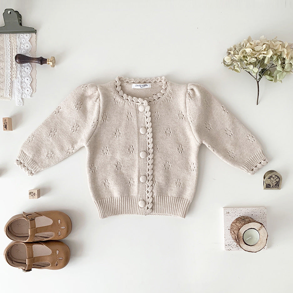 Girls' Hand Crocheting Round Neck Cardigan Thickened Sweater