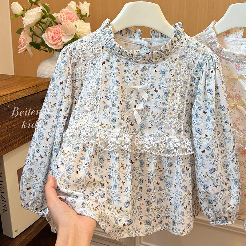 Spring New Arrival Sweet French-Style Lace Long-Sleeve Cotton Top For Babies